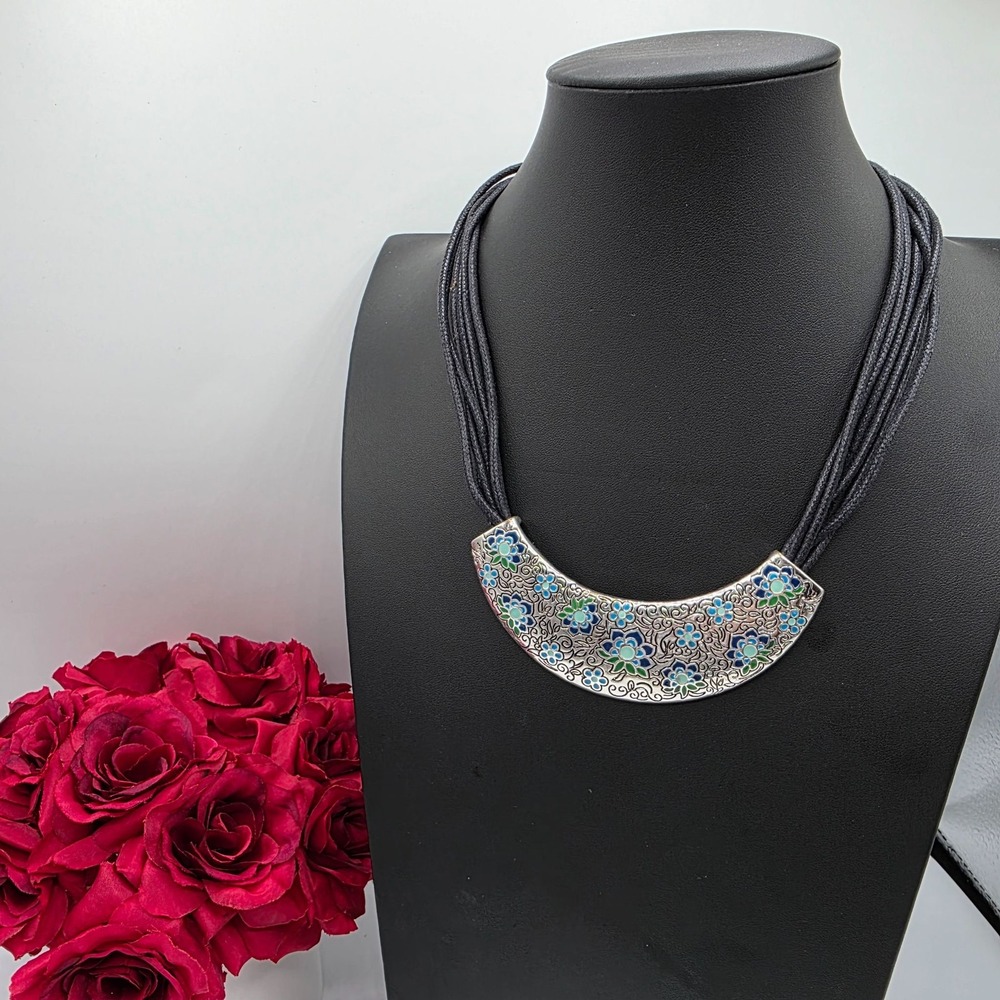 Ornate Floral Pendant Choker Necklace Blue Green Enamel‎ Brighton Style Boho